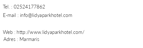 Lidya Park Hotel telefon numaralar, faks, e-mail, posta adresi ve iletiim bilgileri